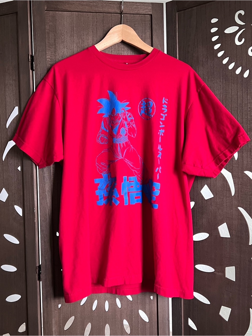 Red Dragonball Z Graphic Short Sleeve Men’s Tee with Blue Goku Anime Design